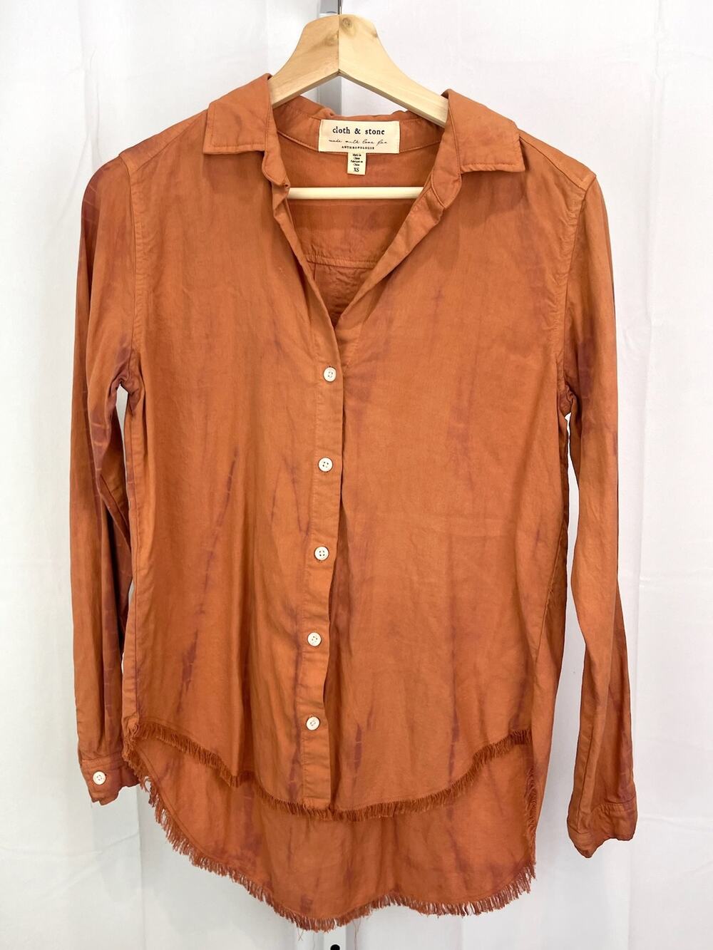 CLOTH & STONE Anthropologie Tie Dye Raw Hem Button Shirt Long Sleeve Orange XS